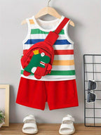 Rainbow Dino Kids Co-ord Set with Bag – Red