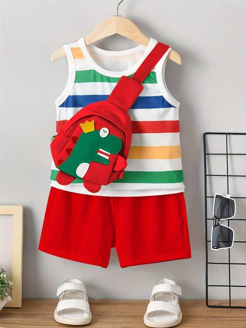 Rainbow Dino Kids Co-ord Set with Bag – Red