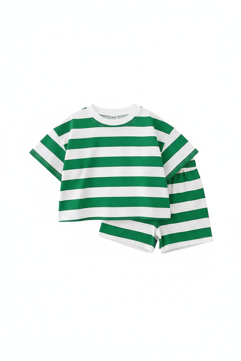 Bold Stripe Kids Co-ord Set Green - Studio Shot 1