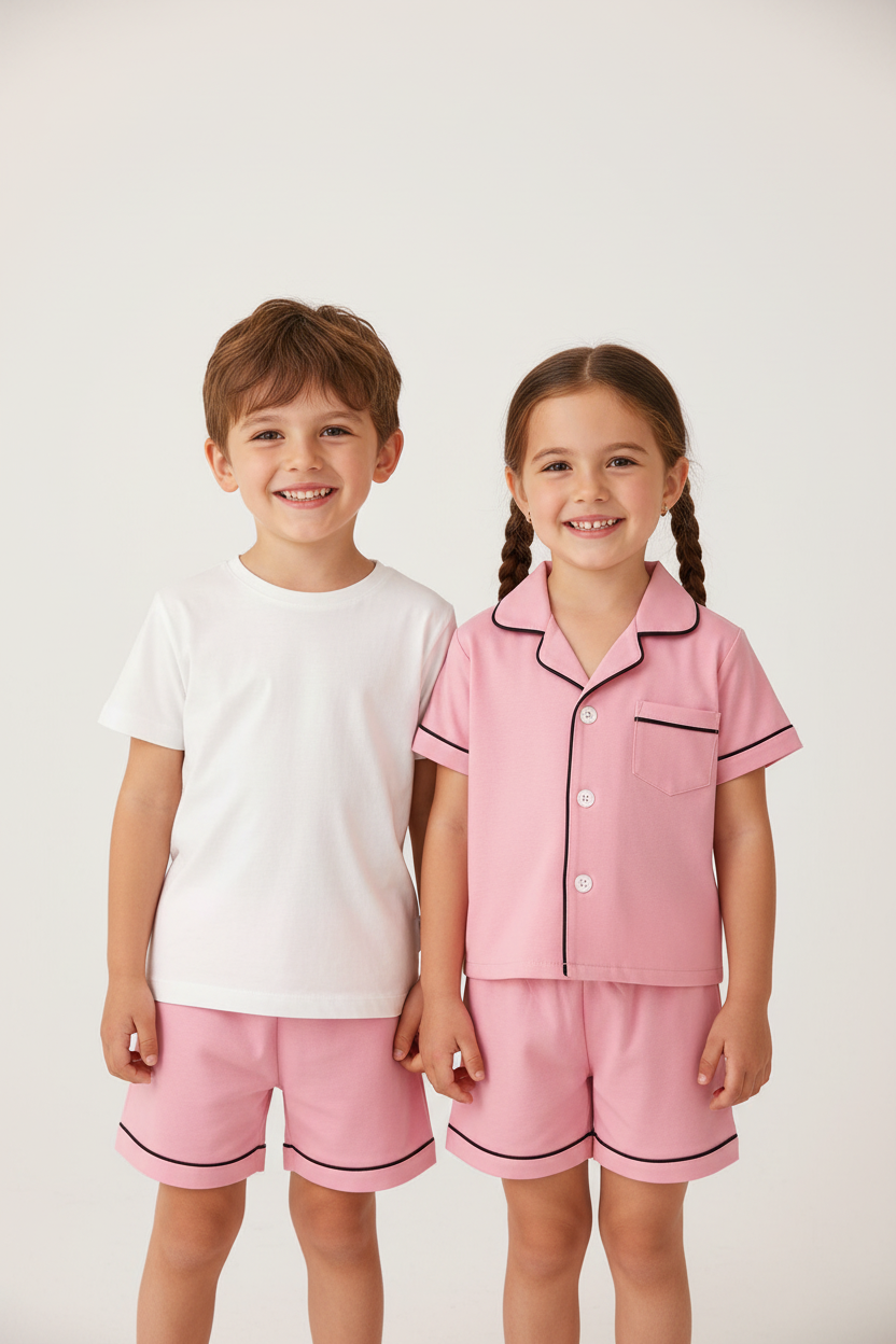 Classic Plain Kids Night Suit Pink - Shorts Detail