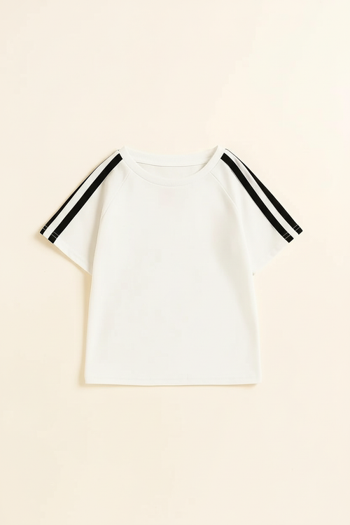 Athletic Side Stripe Kids Co-ord Set White - T-Shirt Detail