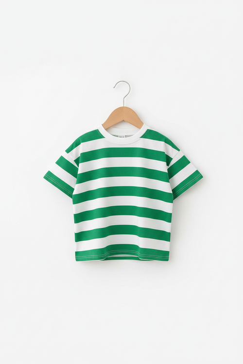 Bold Stripe Kids Co-ord Set Green - T-Shirt Detail