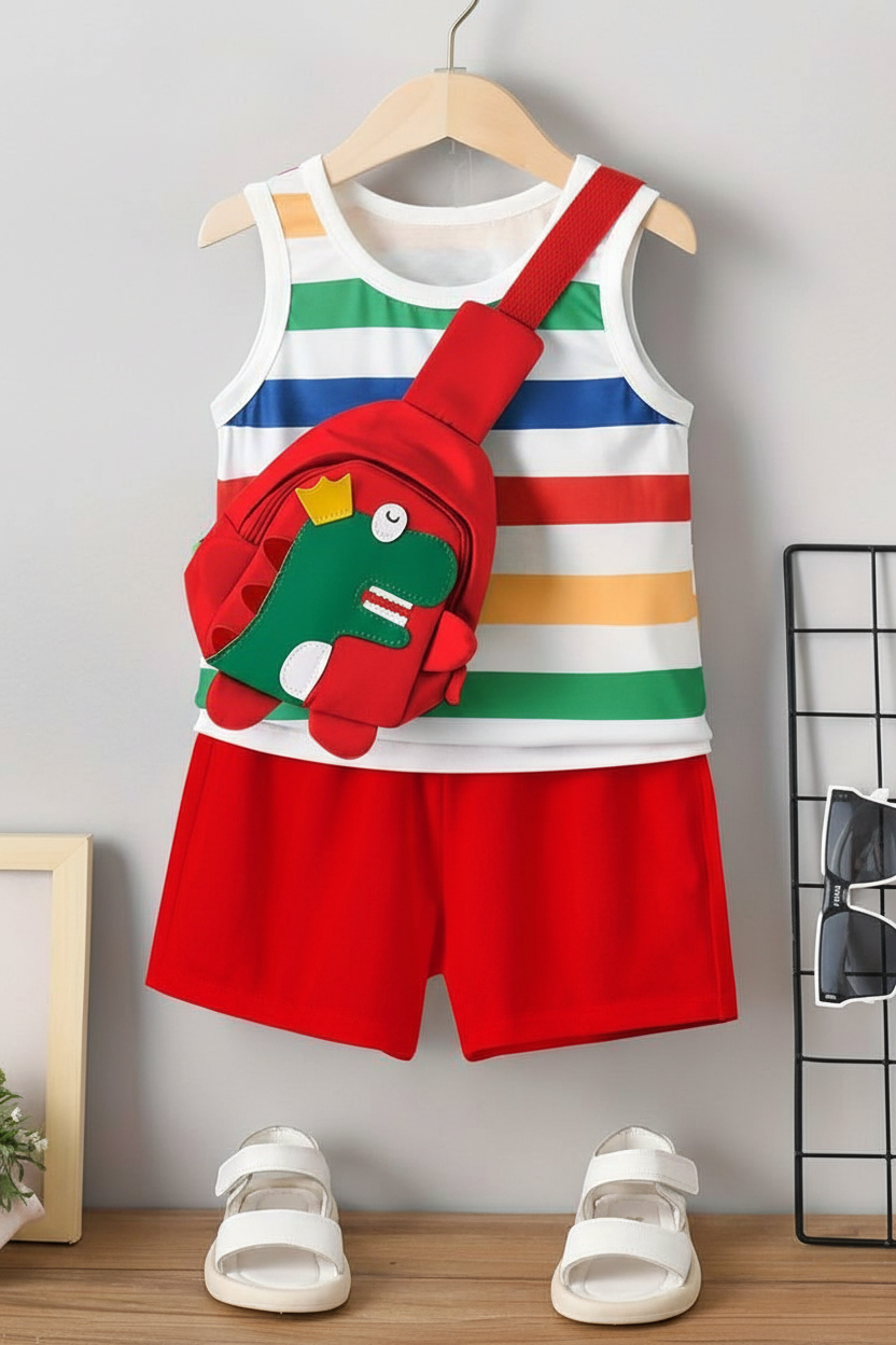 Rainbow Dino Kids Co-ord Set Red - Flat Lay