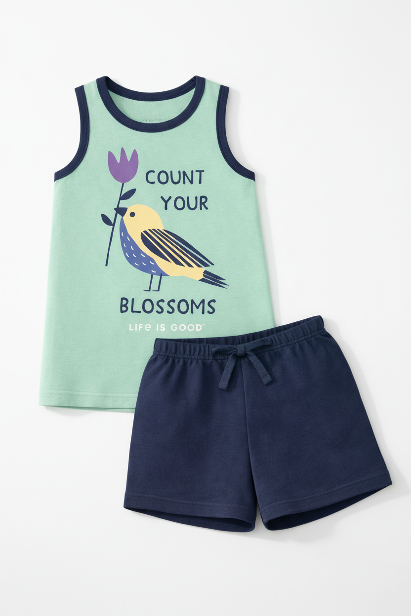 Kindness Bird Kids Co-ord Set Mint Navy - Studio Shot 1