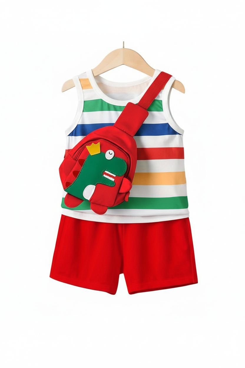 Rainbow Dino Kids Co-ord Set Red - Studio Shot 1