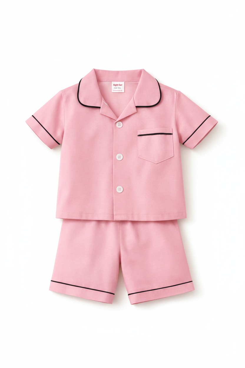 Classic Plain Kids Night Suit Pink - Studio Shot 1
