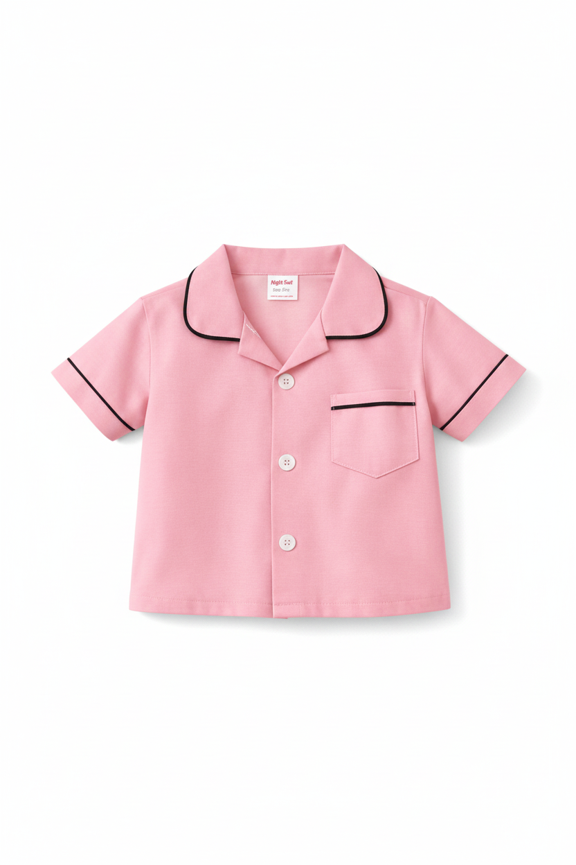 Classic Plain Kids Night Suit Pink - Shirt Detail