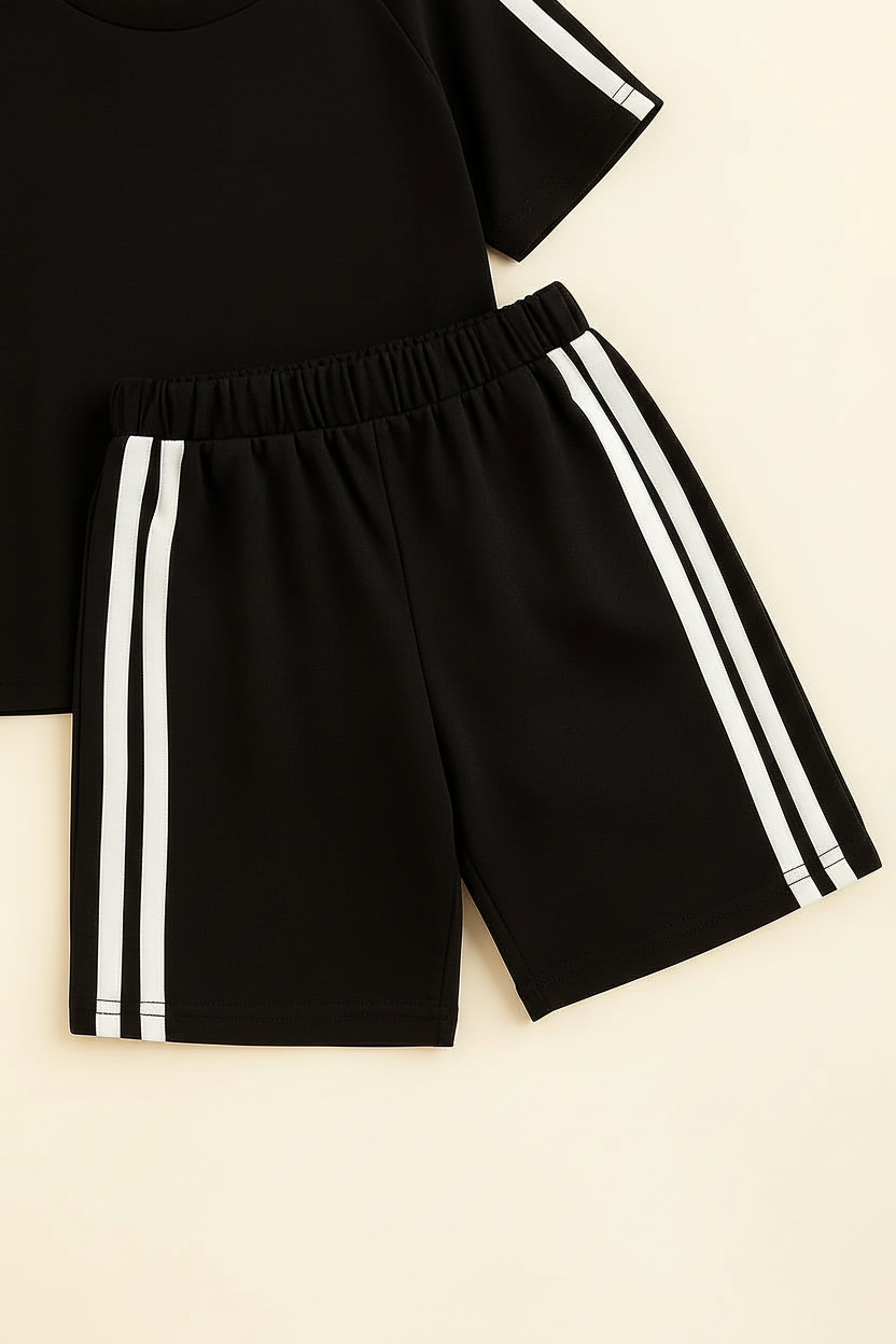 Athletic Side Stripe Kids Co-ord Set Black - Shorts Detail